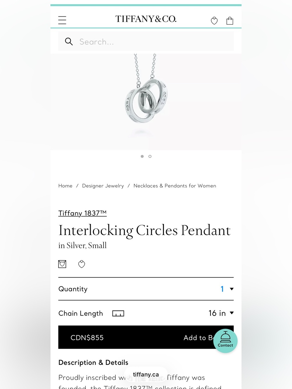 Tiffany & Co. Silver Interlocking Rings Necklace with Turquoise Pouch
